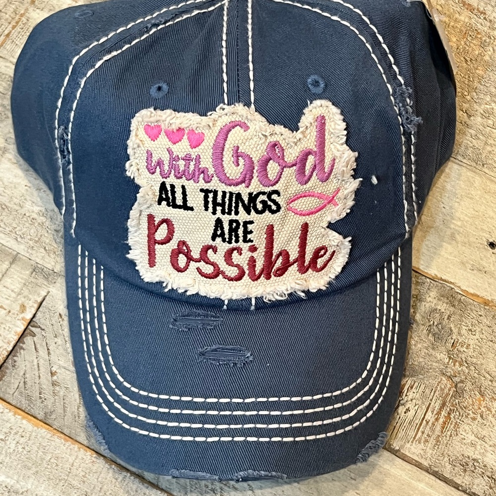 Blue Distressed Cap with Inspirational Patch